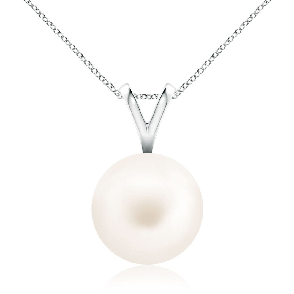 (14ct White Gold, Size: 10mm | Grade: AA) Angara Natural Freshwater Pearl Solitaire V-Bale Pendant