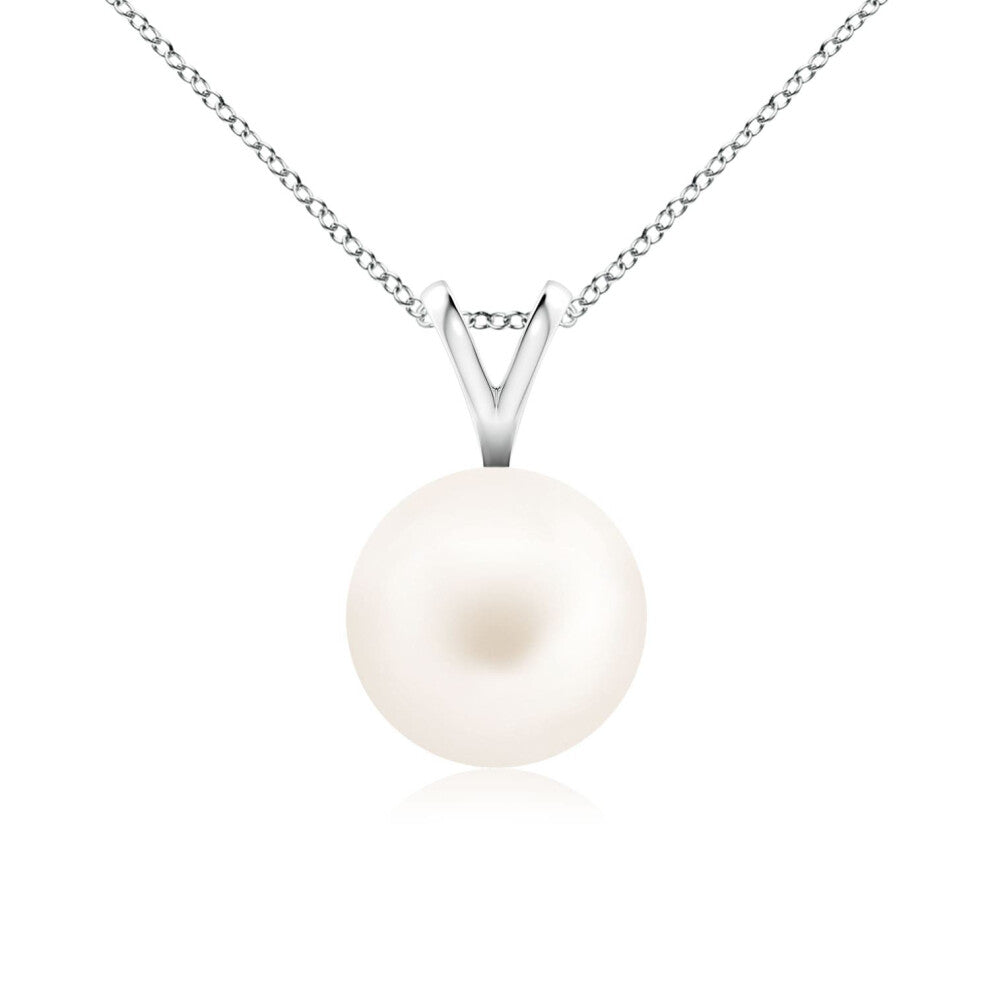 (14ct White Gold, Size: 8mm | Grade: AA) Angara Natural Freshwater Pearl Solitaire V-Bale Pendant