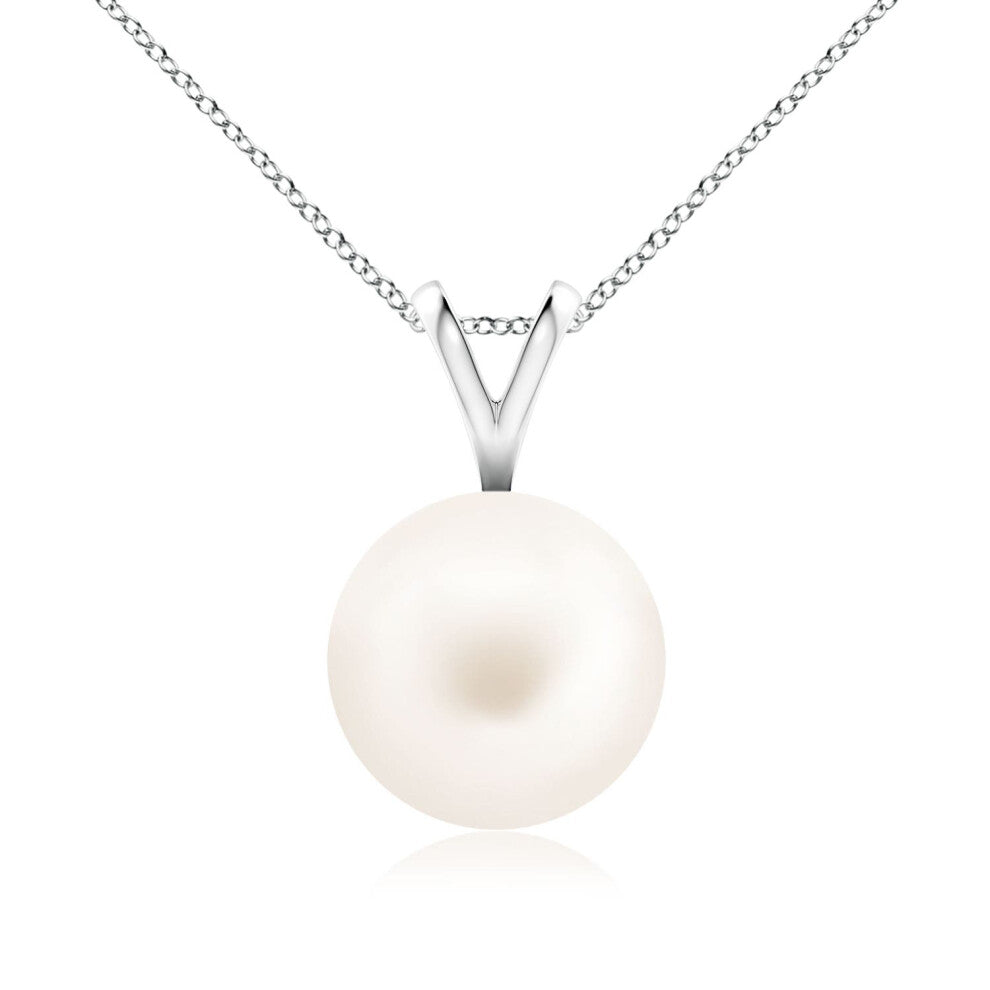 (14ct White Gold, Size: 9mm | Grade: AA) Angara Natural Freshwater Pearl Solitaire V-Bale Pendant