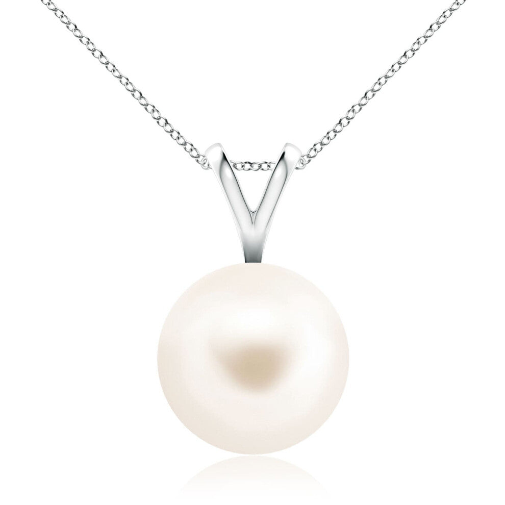 (14ct White Gold, Size: 10mm | Grade: AAA) Angara Natural Freshwater Pearl Solitaire V-Bale Pendant