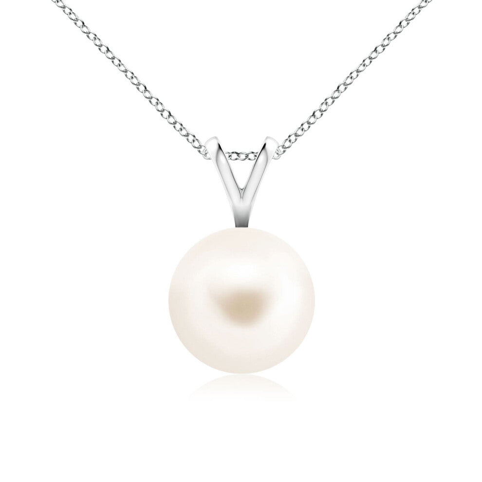 (14ct White Gold, Size: 8mm | Grade: AAA) Angara Natural Freshwater Pearl Solitaire V-Bale Pendant