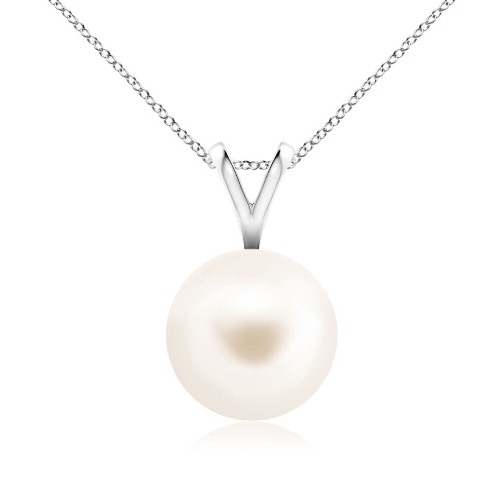 (14ct White Gold, Size: 9mm | Grade: AAA) Angara Natural Freshwater Pearl Solitaire V-Bale Pendant