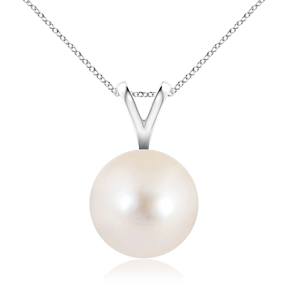 (14ct White Gold, Size: 10mm | Grade: AAAA) Angara Natural Freshwater Pearl Solitaire V-Bale Pendant