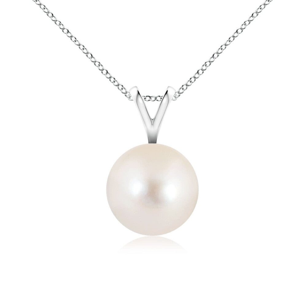 (14ct White Gold, Size: 8mm | Grade: AAAA) Angara Natural Freshwater Pearl Solitaire V-Bale Pendant