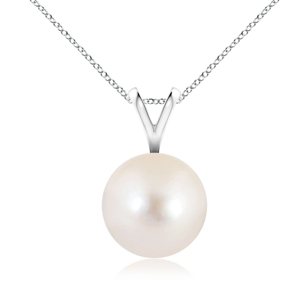 (14ct White Gold, Size: 9mm | Grade: AAAA) Angara Natural Freshwater Pearl Solitaire V-Bale Pendant