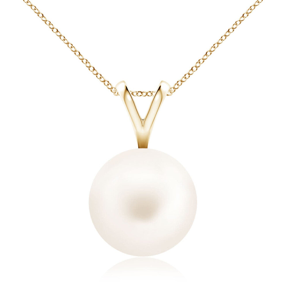 (14ct Yellow Gold, Size: 10mm | Grade: AA) Angara Natural Freshwater Pearl Solitaire V-Bale Pendant
