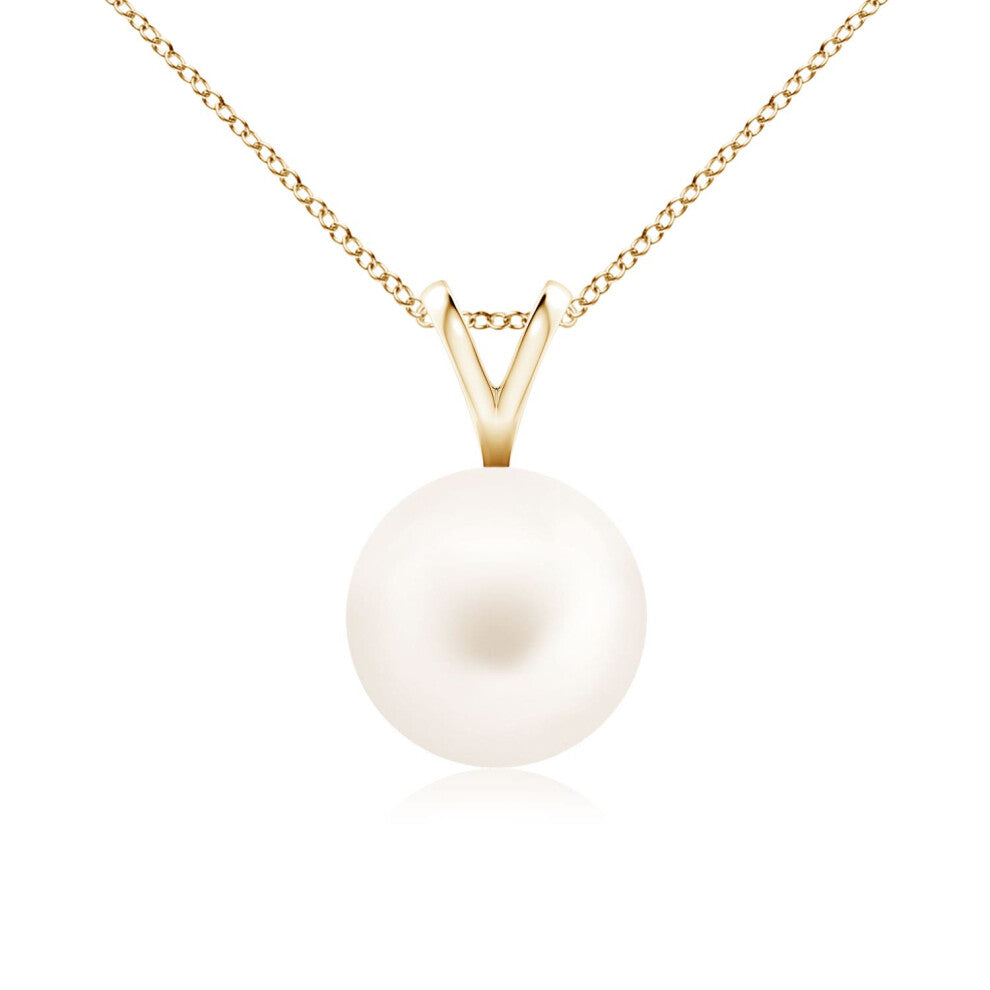 (14ct Yellow Gold, Size: 8mm | Grade: AA) Angara Natural Freshwater Pearl Solitaire V-Bale Pendant