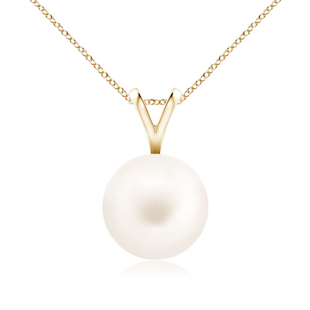 (14ct Yellow Gold, Size: 9mm | Grade: AA) Angara Natural Freshwater Pearl Solitaire V-Bale Pendant