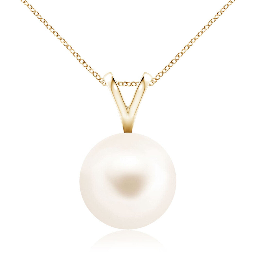 (14ct Yellow Gold, Size: 10mm | Grade: AAA) Angara Natural Freshwater Pearl Solitaire V-Bale Pendant