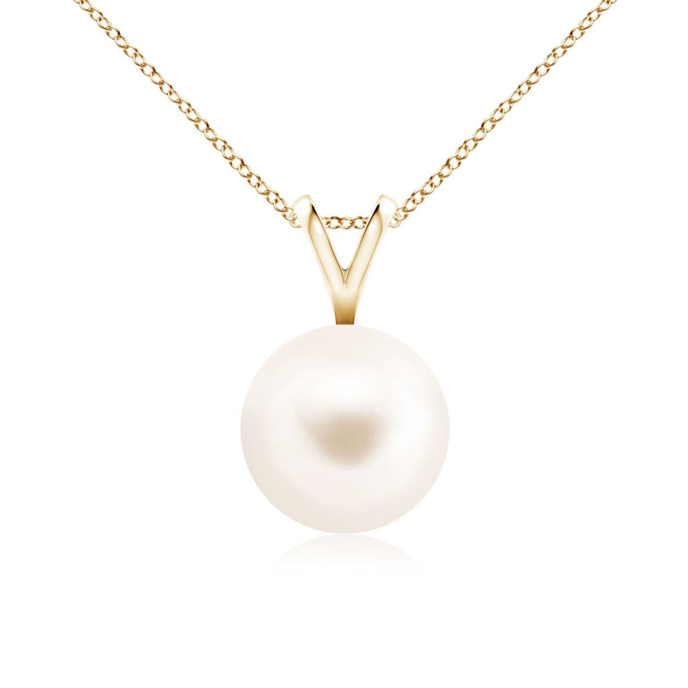 (14ct Yellow Gold, Size: 8mm | Grade: AAA) Angara Natural Freshwater Pearl Solitaire V-Bale Pendant