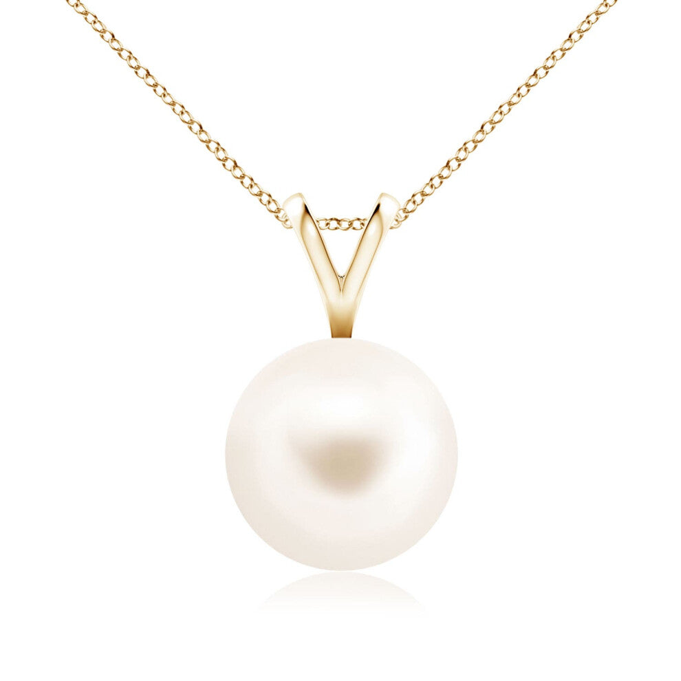 (14ct Yellow Gold, Size: 9mm | Grade: AAA) Angara Natural Freshwater Pearl Solitaire V-Bale Pendant