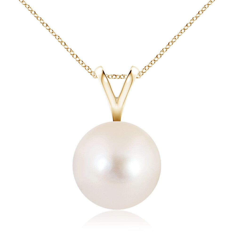 (14ct Yellow Gold, Size: 10mm | Grade: AAAA) Angara Natural Freshwater Pearl Solitaire V-Bale Pendant