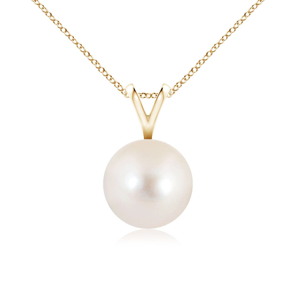 (14ct Yellow Gold, Size: 8mm | Grade: AAAA) Angara Natural Freshwater Pearl Solitaire V-Bale Pendant