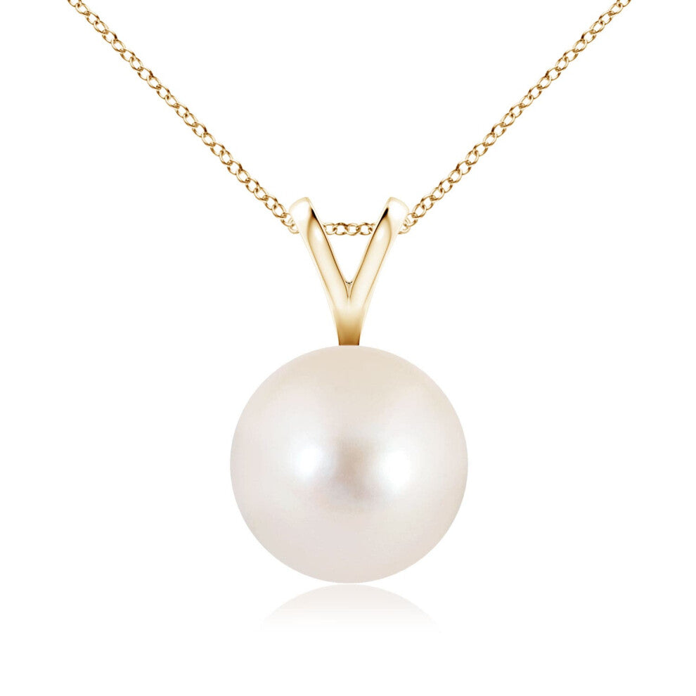 (14ct Yellow Gold, Size: 9mm | Grade: AAAA) Angara Natural Freshwater Pearl Solitaire V-Bale Pendant