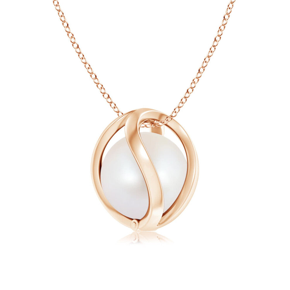 (14ct Rose Gold, Size: 8mm | Grade: AA) Angara Natural Japanese Akoya Pearl Cage Pendant