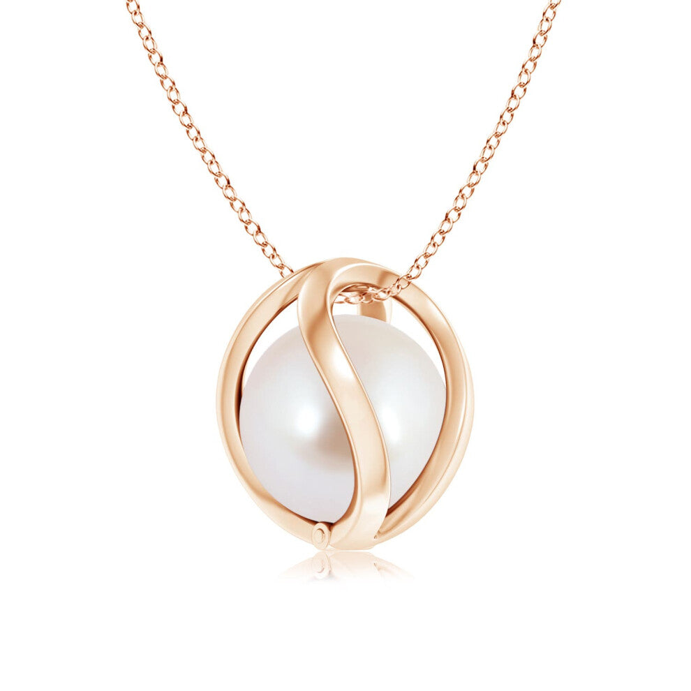 (14ct Rose Gold, Size: 8mm | Grade: AAA) Angara Natural Japanese Akoya Pearl Cage Pendant