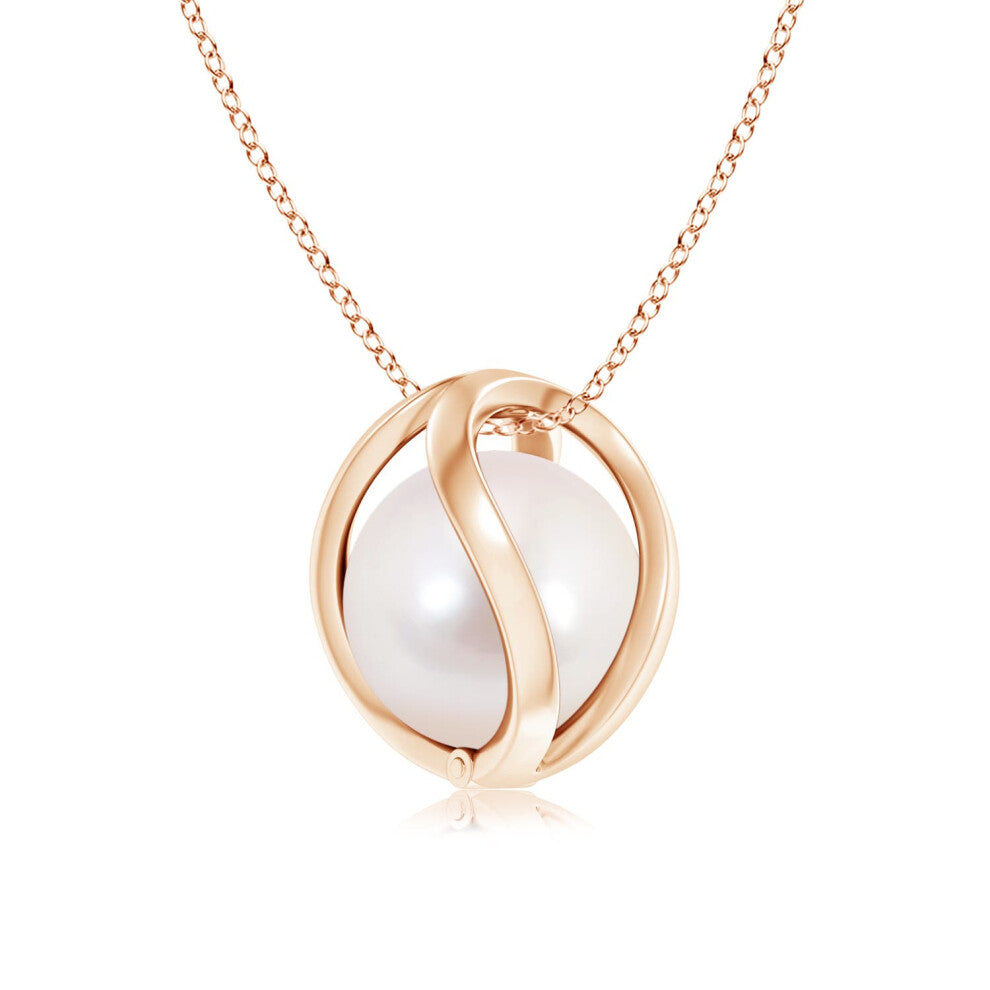 (14ct Rose Gold, Size: 8mm | Grade: AAAA) Angara Natural Japanese Akoya Pearl Cage Pendant