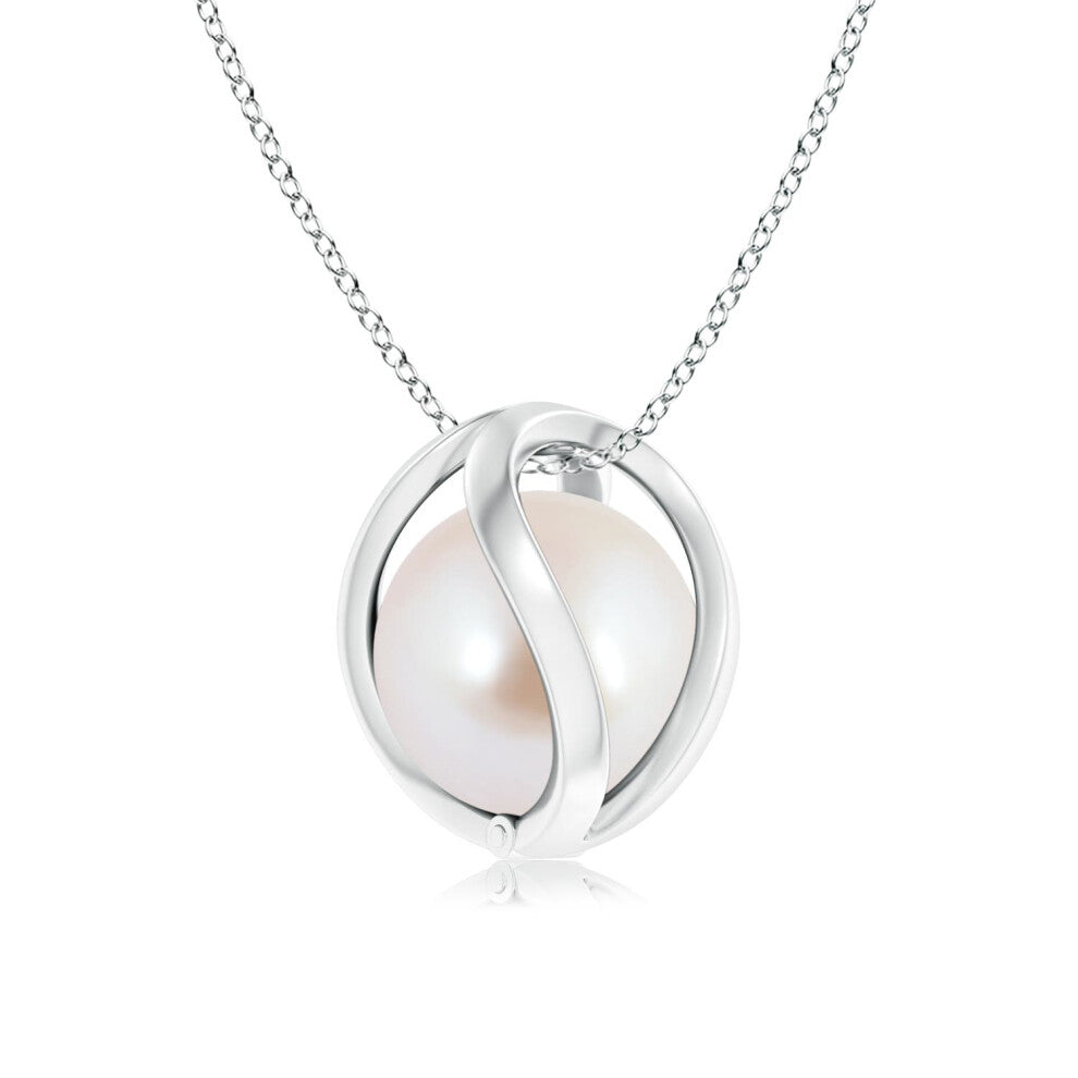 (14ct White Gold, Size: 8mm | Grade: AAA) Angara Natural Japanese Akoya Pearl Cage Pendant