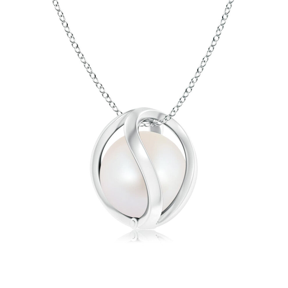 (9ct White Gold, Size: 8mm | Grade: AA) Angara Natural Japanese Akoya Pearl Cage Pendant