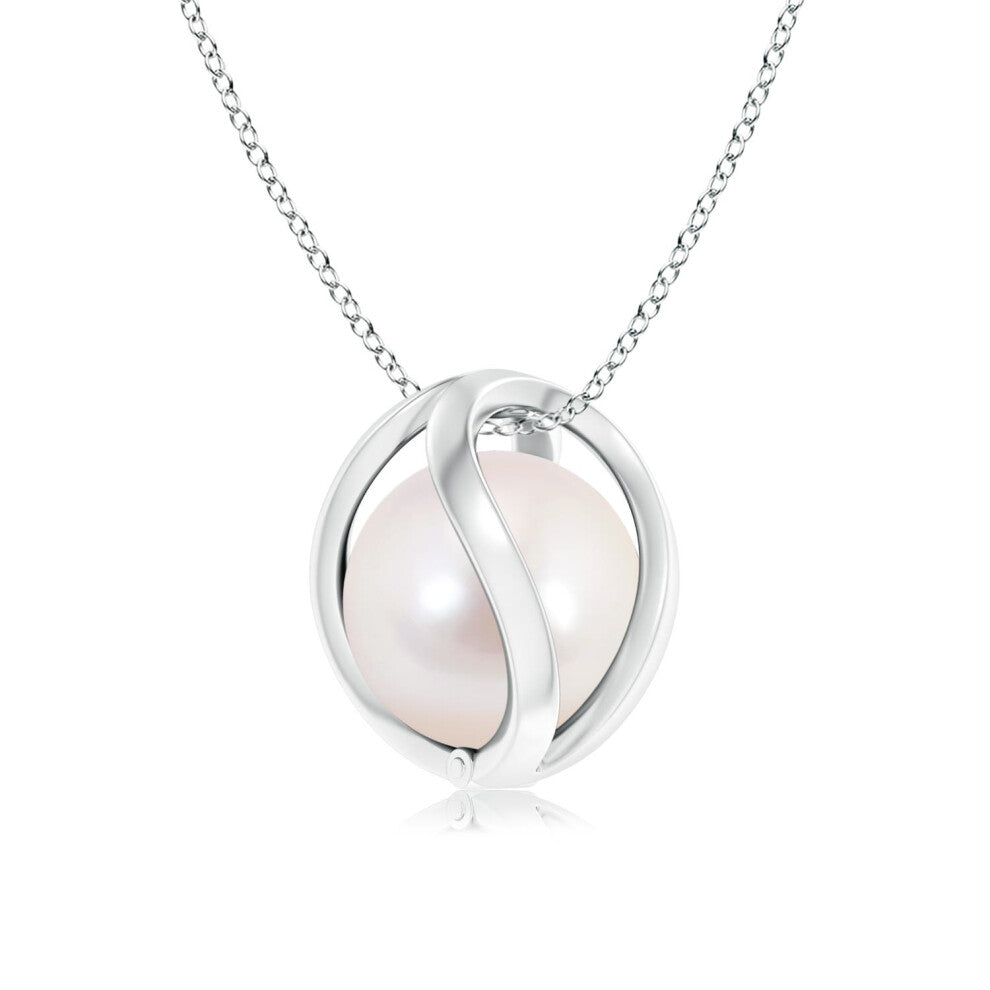 (9ct White Gold, Size: 8mm | Grade: AAAA) Angara Natural Japanese Akoya Pearl Cage Pendant