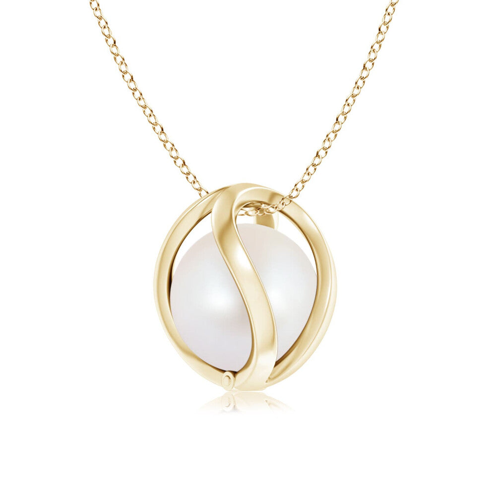 (9ct Yellow Gold, Size: 8mm | Grade: AA) Angara Natural Japanese Akoya Pearl Cage Pendant