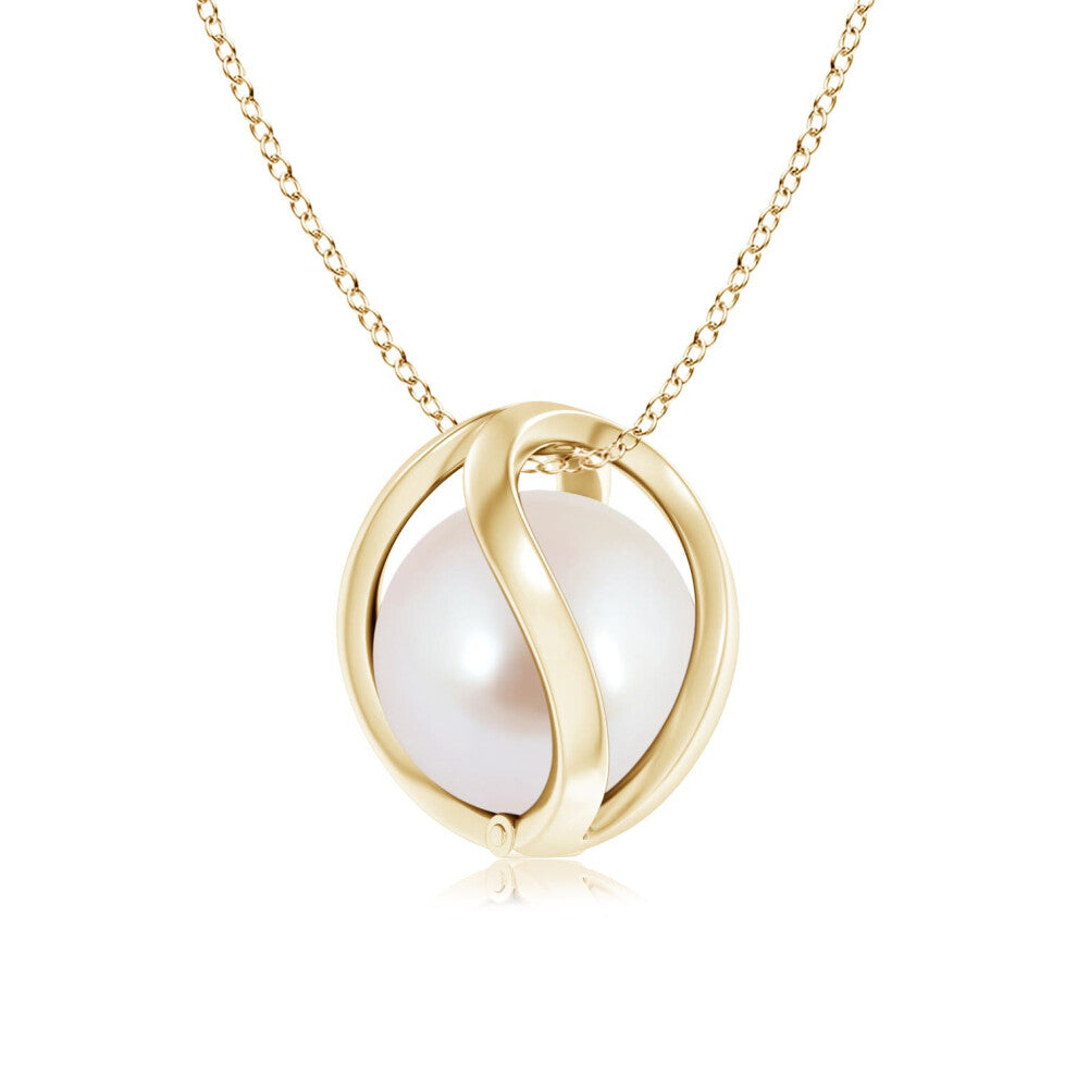 (9ct Yellow Gold, Size: 8mm | Grade: AAA) Angara Natural Japanese Akoya Pearl Cage Pendant