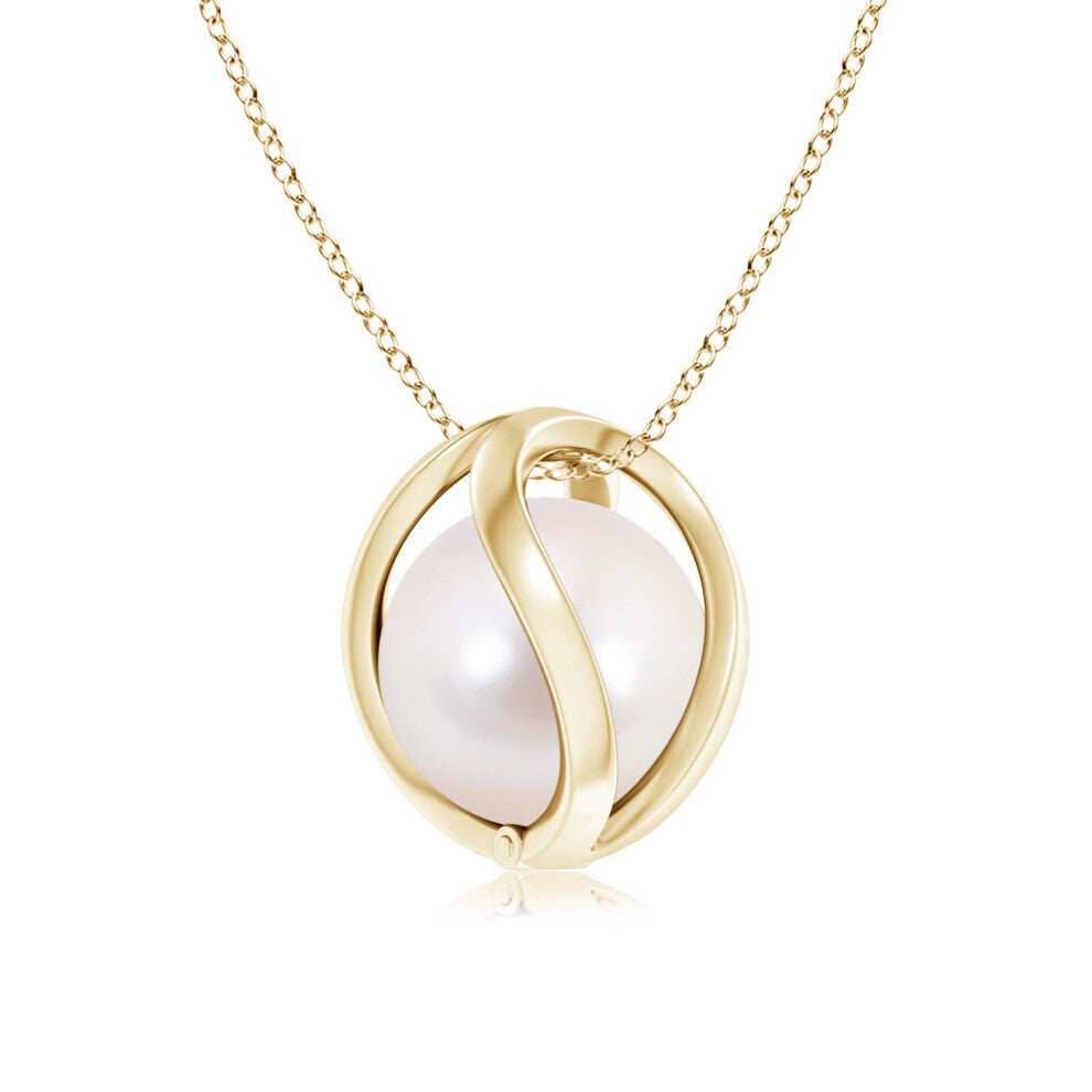 (9ct Yellow Gold, Size: 8mm | Grade: AAAA) Angara Natural Japanese Akoya Pearl Cage Pendant
