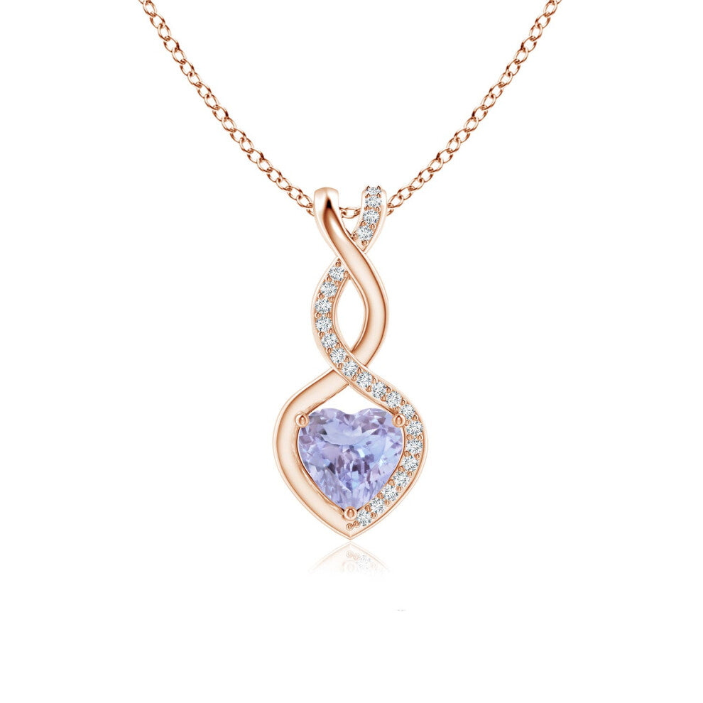 (14ct Rose Gold, Size: 6mm | Grade: A) Angara Natural Tanzanite Infinity Heart Pendant with Diamonds