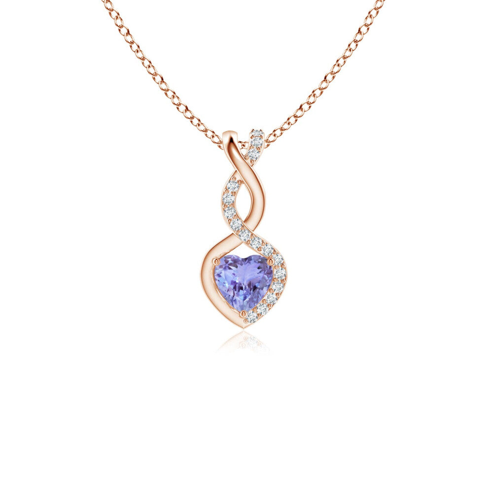 (14ct Rose Gold, Size: 4mm | Grade: AA) Angara Natural Tanzanite Infinity Heart Pendant with Diamonds