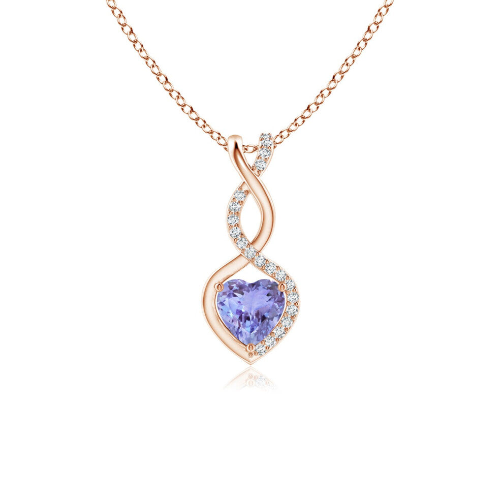 (14ct Rose Gold, Size: 5mm | Grade: AA) Angara Natural Tanzanite Infinity Heart Pendant with Diamonds