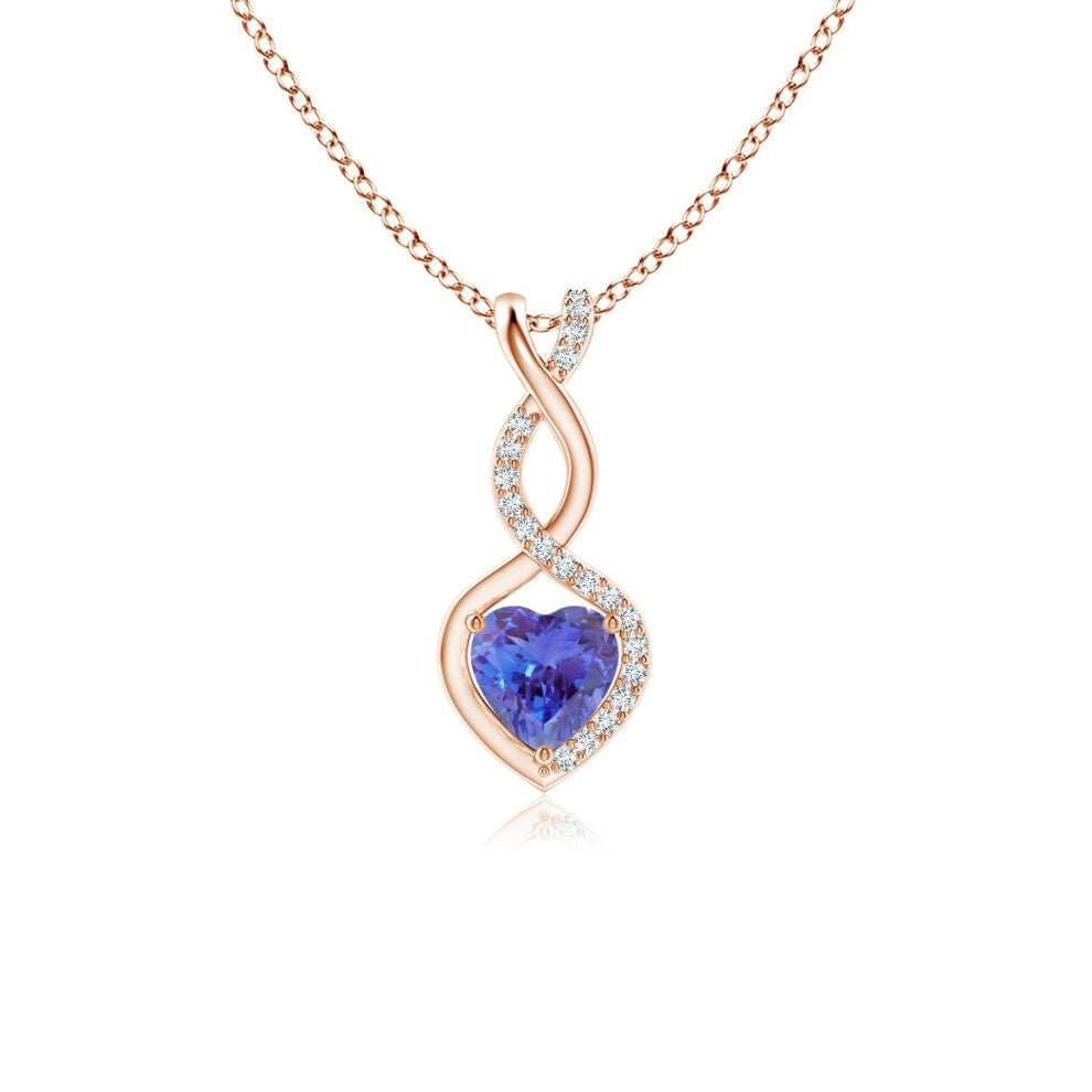 (14ct Rose Gold, Size: 5mm | Grade: AAA) Angara Natural Tanzanite Infinity Heart Pendant with Diamonds