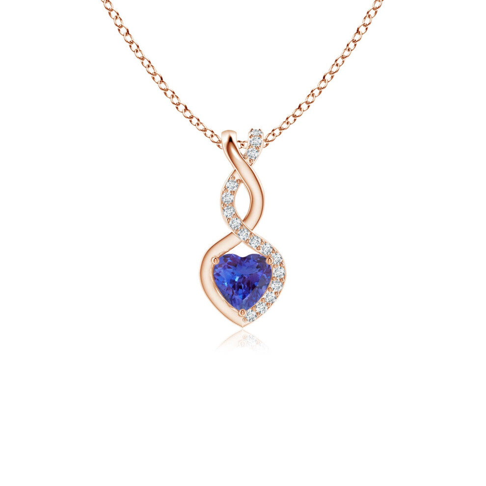 (14ct Rose Gold, Size: 4mm | Grade: AAAA) Angara Natural Tanzanite Infinity Heart Pendant with Diamonds
