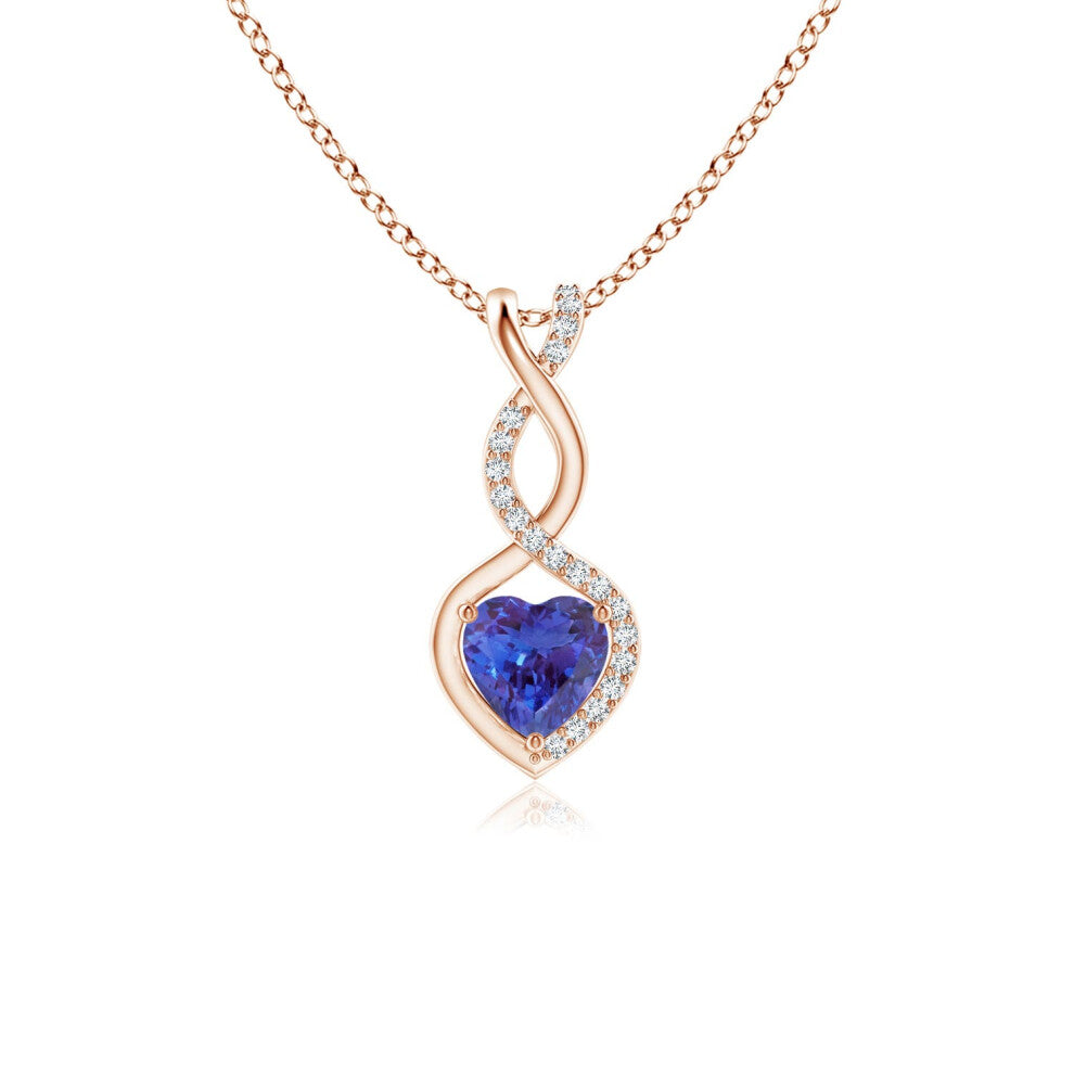 (14ct Rose Gold, Size: 5mm | Grade: AAAA) Angara Natural Tanzanite Infinity Heart Pendant with Diamonds