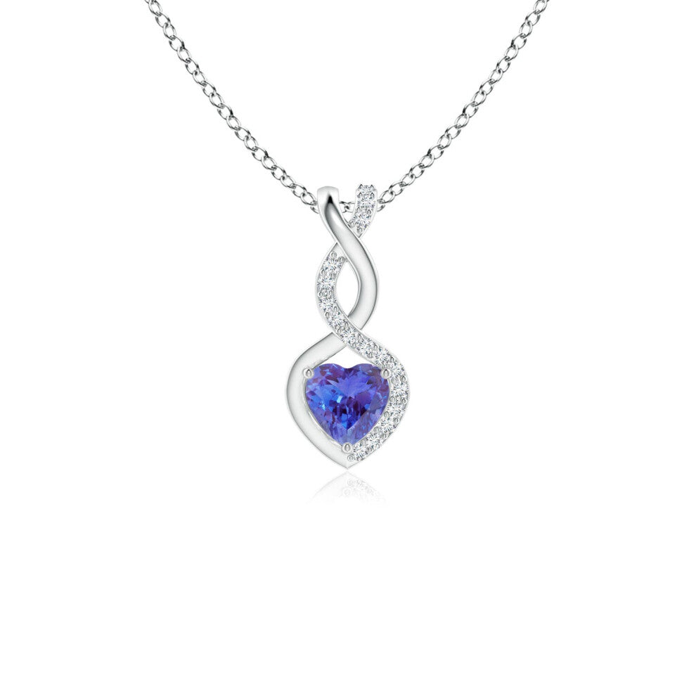 (14ct White Gold, Size: 4mm | Grade: AAA) Angara Natural Tanzanite Infinity Heart Pendant with Diamonds