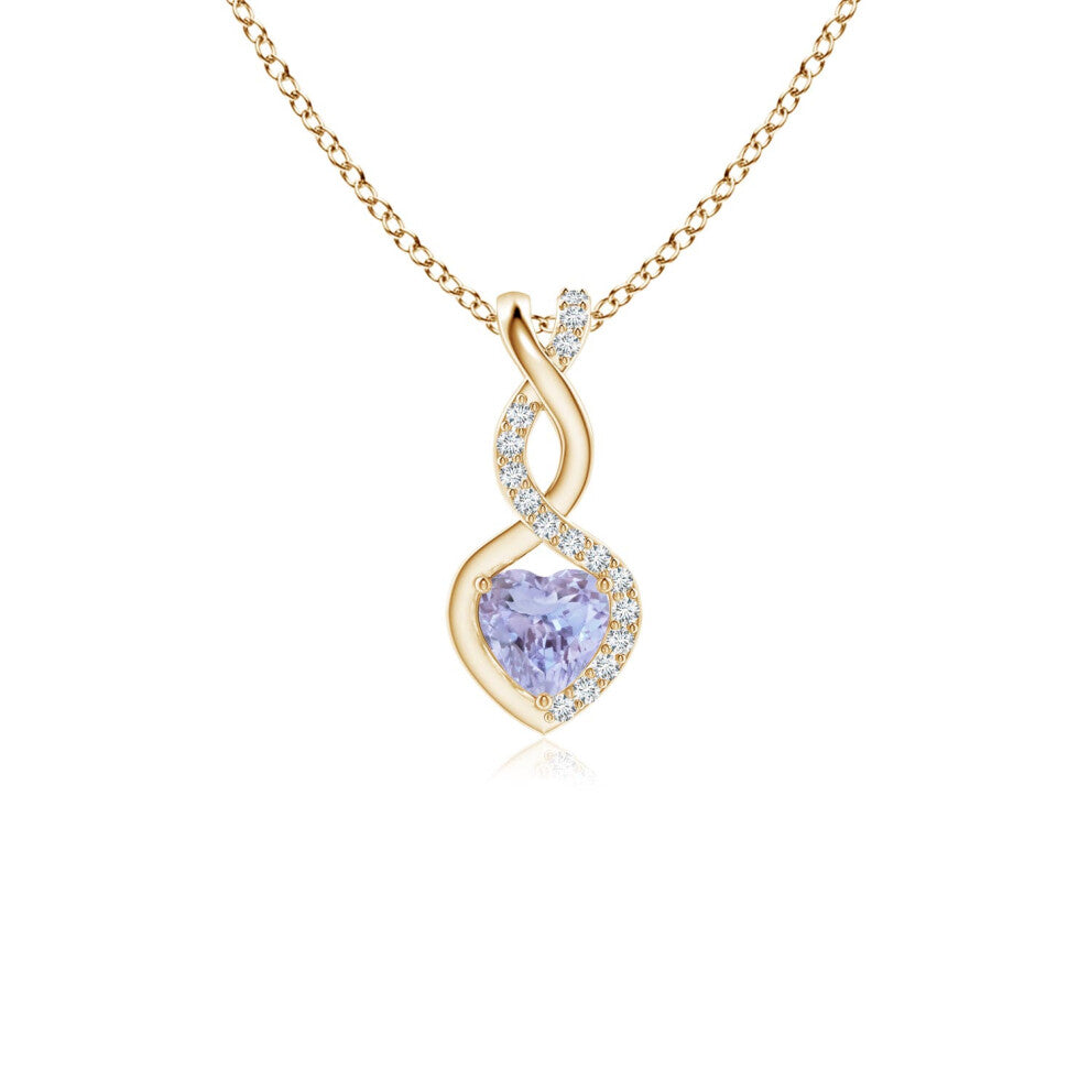 (14ct Yellow Gold, Size: 4mm | Grade: A) Angara Natural Tanzanite Infinity Heart Pendant with Diamonds