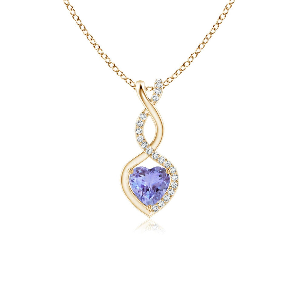 (14ct Yellow Gold, Size: 5mm | Grade: AA) Angara Natural Tanzanite Infinity Heart Pendant with Diamonds