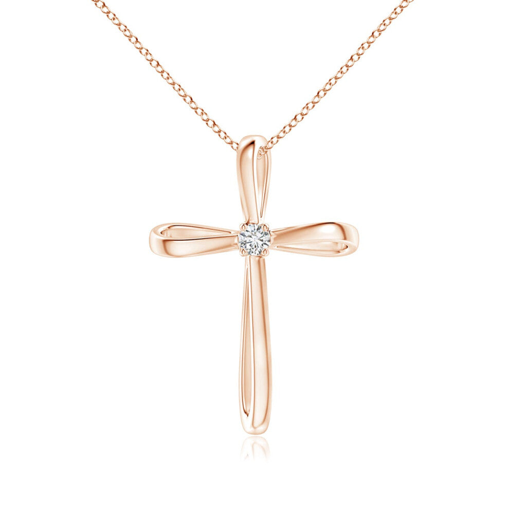 (9ct Rose Gold, Size: 2.4mm | Colour: H | Clarity: SI2) Angara Natural Twisted Cross Pendant with Diamond