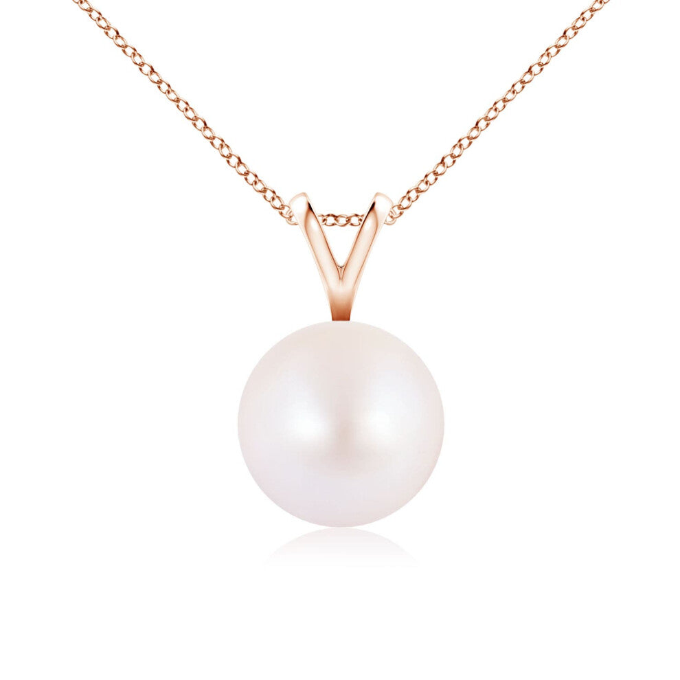 (14ct Rose Gold, Size: 8mm | Grade: AA) Angara Natural Japanese Akoya Pearl Solitaire V-Bale Pendant