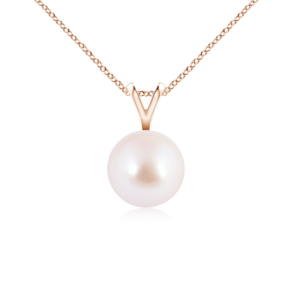 (14ct Rose Gold, Size: 7mm | Grade: AAA) Angara Natural Japanese Akoya Pearl Solitaire V-Bale Pendant