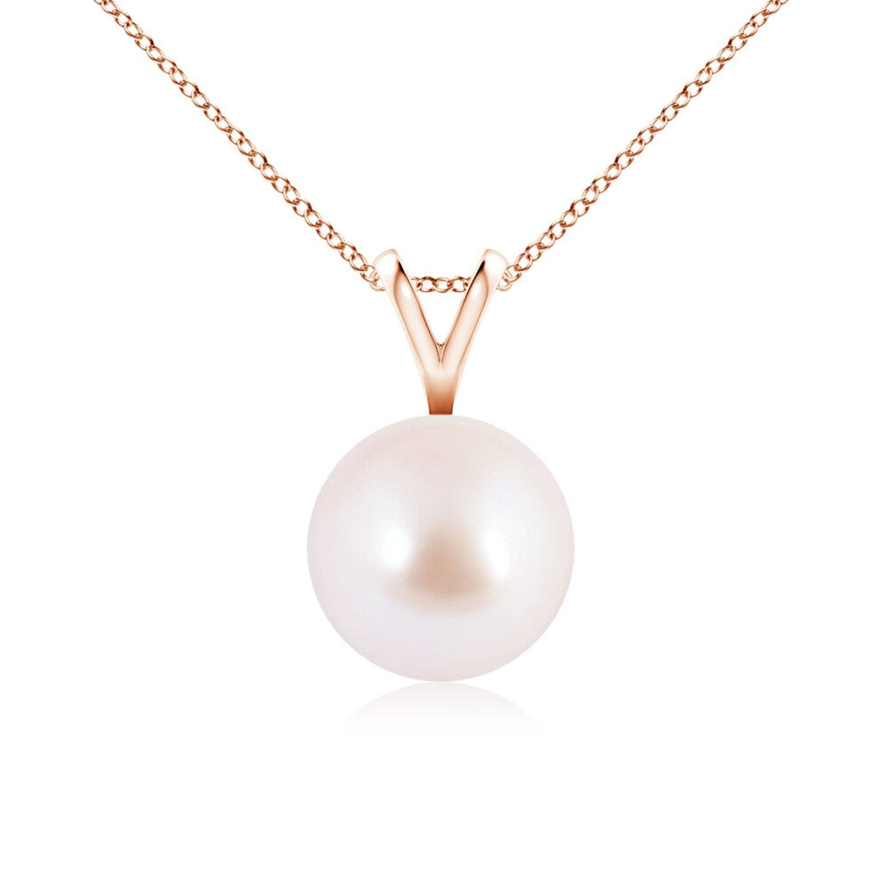 (14ct Rose Gold, Size: 8mm | Grade: AAA) Angara Natural Japanese Akoya Pearl Solitaire V-Bale Pendant