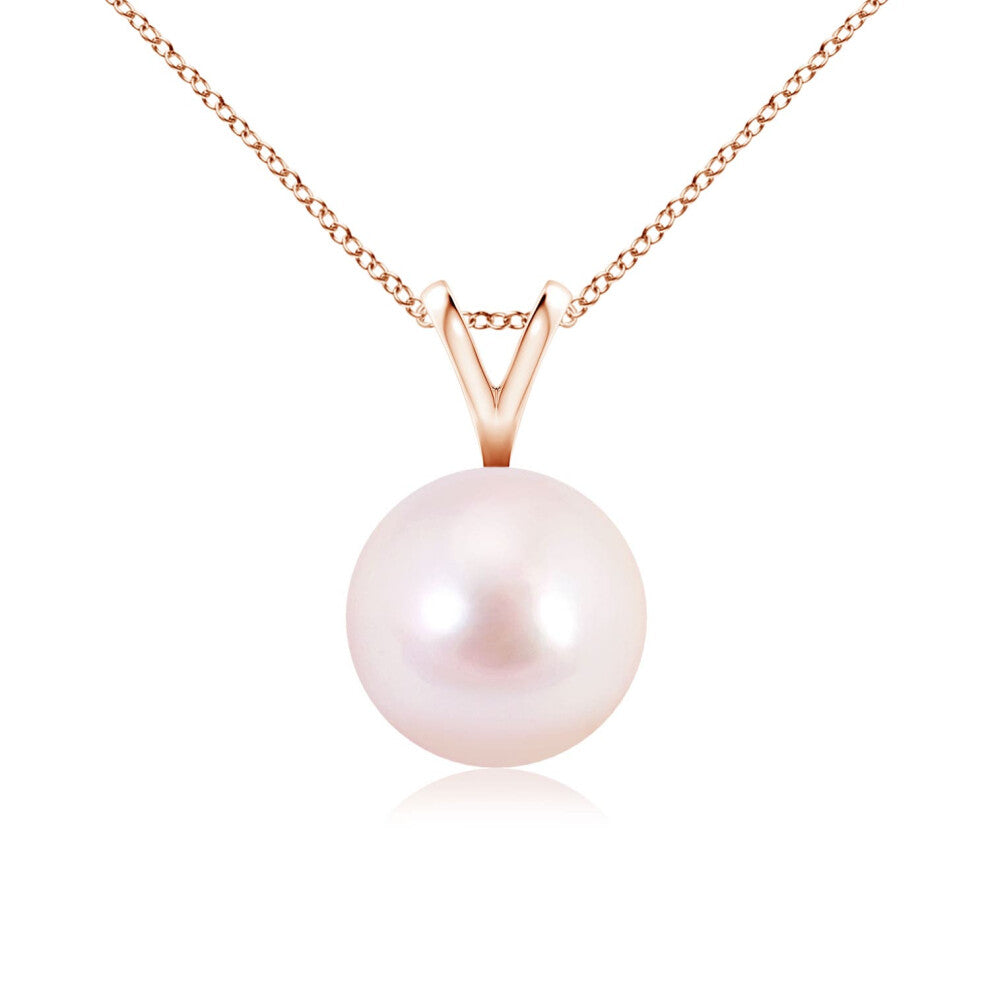 (14ct Rose Gold, Size: 8mm | Grade: AAAA) Angara Natural Japanese Akoya Pearl Solitaire V-Bale Pendant