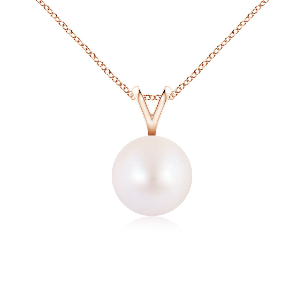 (9ct Rose Gold, Size: 7mm | Grade: AA) Angara Natural Japanese Akoya Pearl Solitaire V-Bale Pendant