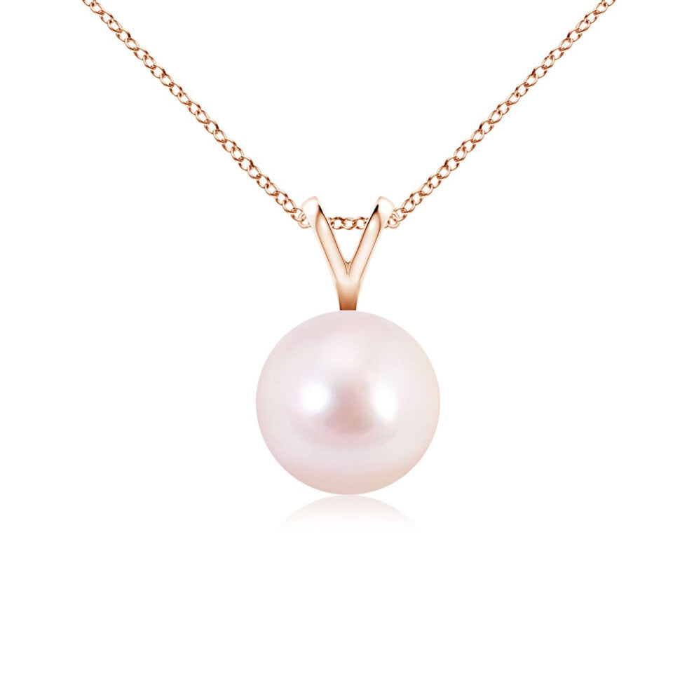 (9ct Rose Gold, Size: 7mm | Grade: AAAA) Angara Natural Japanese Akoya Pearl Solitaire V-Bale Pendant
