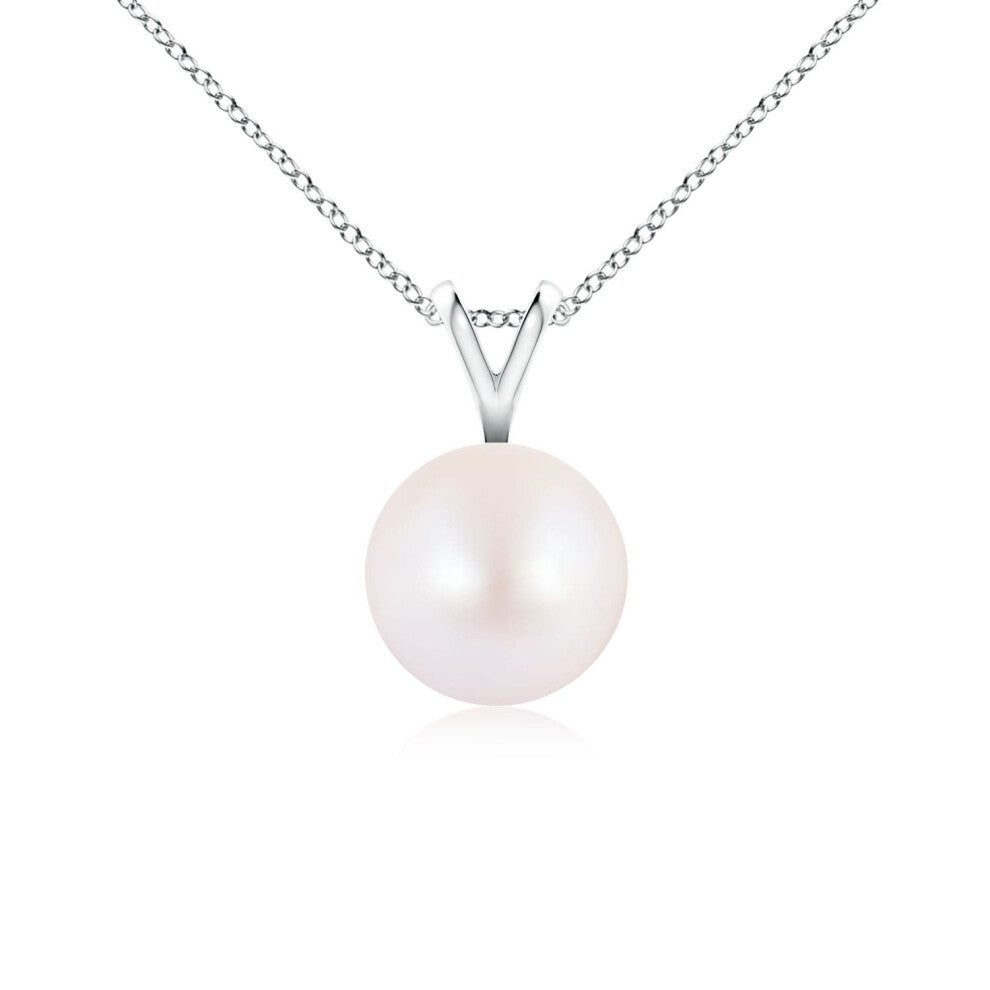 (14ct White Gold, Size: 7mm | Grade: AA) Angara Natural Japanese Akoya Pearl Solitaire V-Bale Pendant