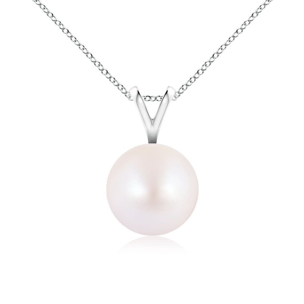 (14ct White Gold, Size: 8mm | Grade: AA) Angara Natural Japanese Akoya Pearl Solitaire V-Bale Pendant