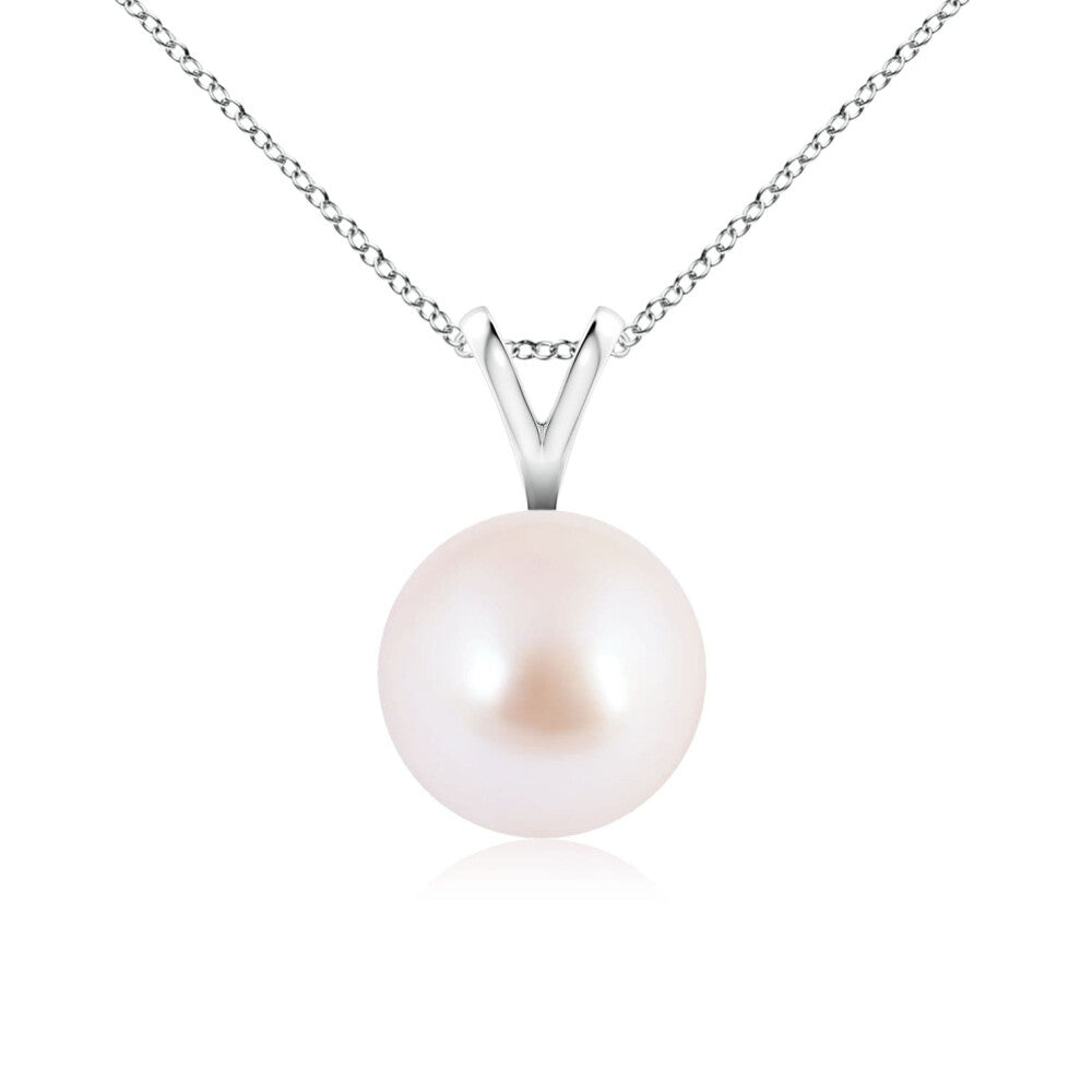 (14ct White Gold, Size: 8mm | Grade: AAA) Angara Natural Japanese Akoya Pearl Solitaire V-Bale Pendant