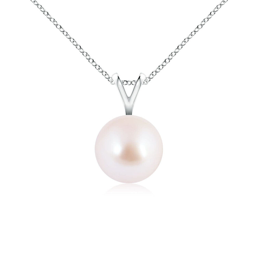 (9ct White Gold, Size: 7mm | Grade: AAA) Angara Natural Japanese Akoya Pearl Solitaire V-Bale Pendant