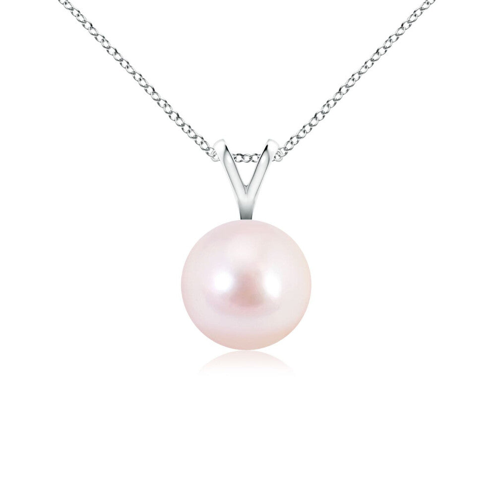 (9ct White Gold, Size: 7mm | Grade: AAAA) Angara Natural Japanese Akoya Pearl Solitaire V-Bale Pendant