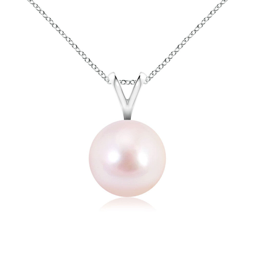 (9ct White Gold, Size: 8mm | Grade: AAAA) Angara Natural Japanese Akoya Pearl Solitaire V-Bale Pendant