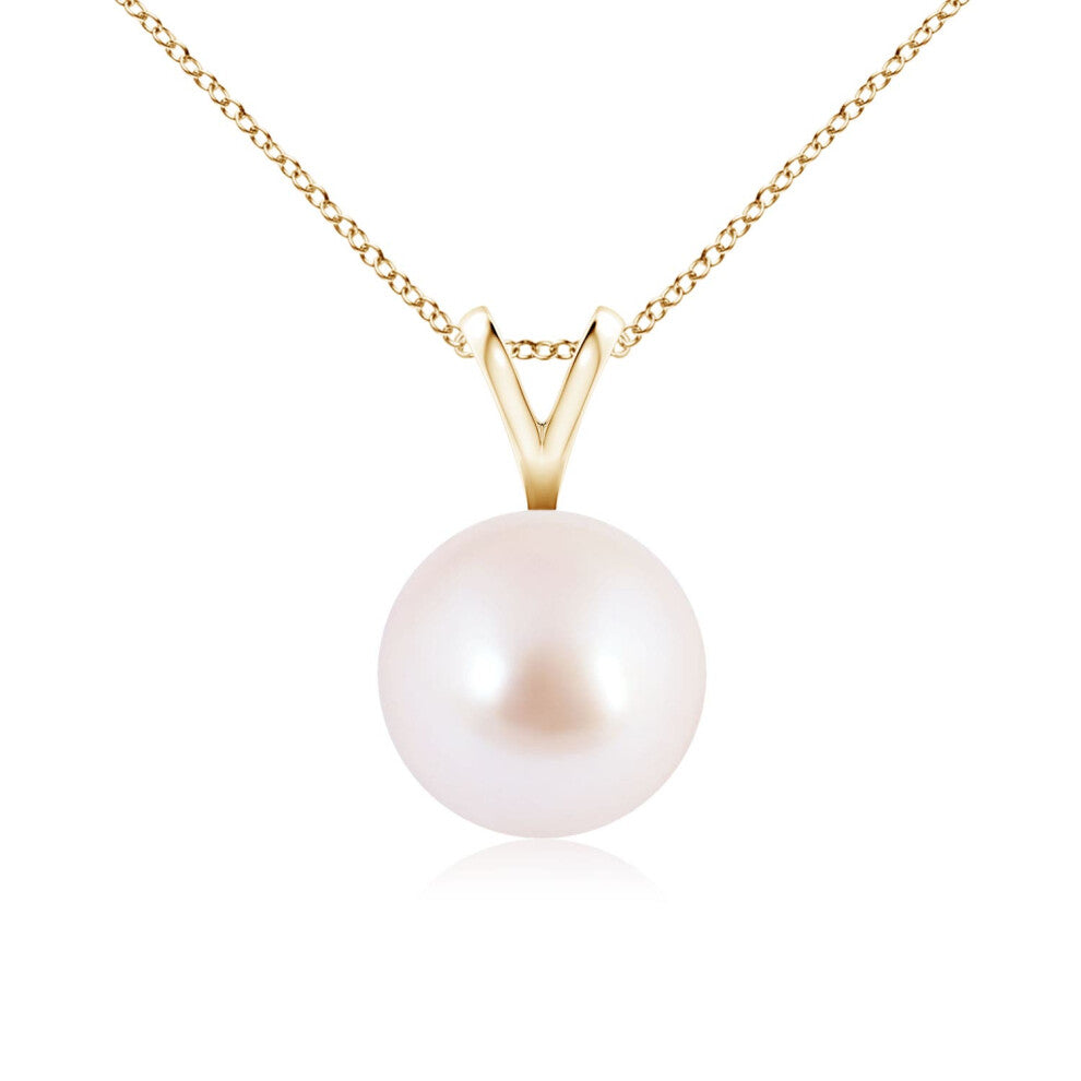 (14ct Yellow Gold, Size: 8mm | Grade: AAA) Angara Natural Japanese Akoya Pearl Solitaire V-Bale Pendant